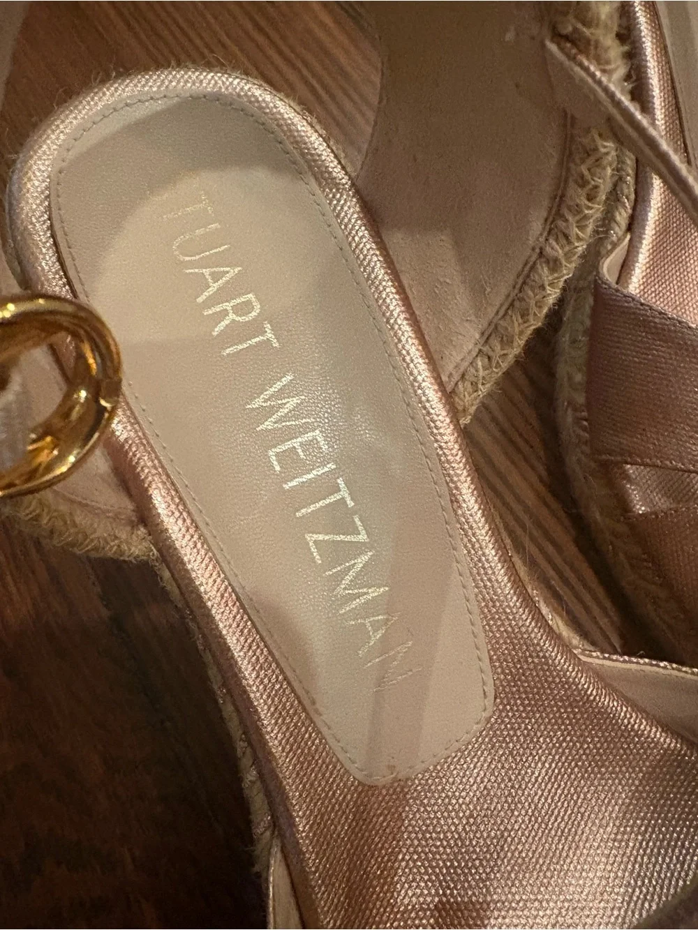 Stuart Weitzman Metallic Rose Gold Espadrille Wedge Sandals